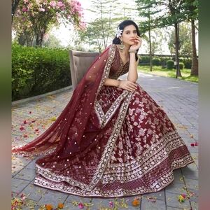 Maroon Lehenga Choli Set Indian Wedding Guest Mehendi Sangeet Outfit